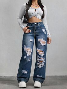 SHEIN ICON Plus Size Women's Summer Avant-Garde Street Style Distressed Straight Leg Jeans - Dark Wash - View 4