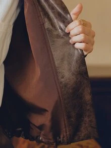 Anewsta Autumn/Winter New Minimalist Premium PU Loose Hem Cinched Waist Fashion Versatile Jacket - Coffee Brown - View 10