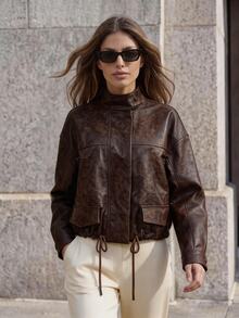 Anewsta Autumn/Winter New Minimalist Premium PU Loose Hem Cinched Waist Fashion Versatile Jacket - Coffee Brown - View 9