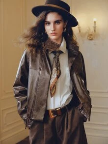 Anewsta Autumn/Winter New Minimalist Premium PU Loose Hem Cinched Waist Fashion Versatile Jacket - Coffee Brown - View 4