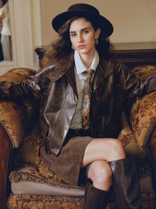 Anewsta Autumn/Winter New Minimalist Premium PU Loose Hem Cinched Waist Fashion Versatile Jacket - Coffee Brown - View 3