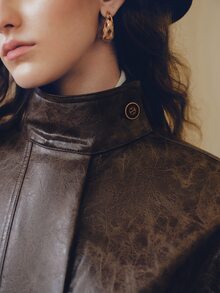 Anewsta Autumn/Winter New Minimalist Premium PU Loose Hem Cinched Waist Fashion Versatile Jacket - Coffee Brown - View 2