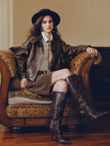 Anewsta Autumn/Winter New Minimalist Premium PU Loose Hem Cinched Waist Fashion Versatile Jacket - Coffee Brown - View 5