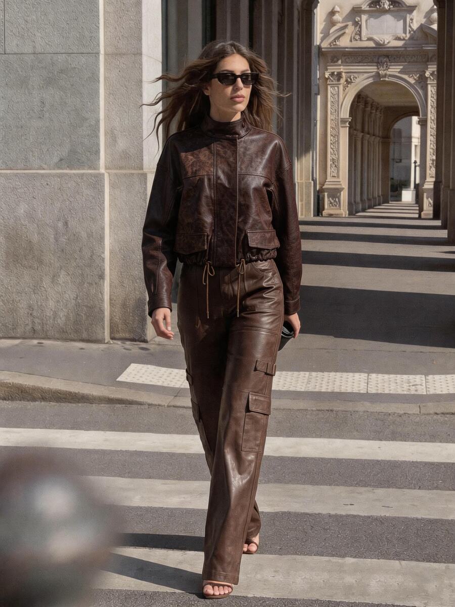 Anewsta Autumn/Winter New Minimalist Premium PU Loose Hem Cinched Waist Fashion Versatile Jacket - Coffee Brown - View 1