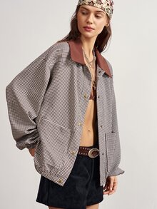 Bohemela Jaket Wanita Lengan Panjang Kotak-kotak Kancing Tunggal Kasual dengan Saku, Potongan Longgar, Potongan Reguler - MultiWarna - View 6