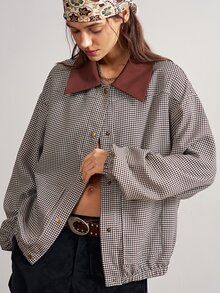 Bohemela Jaket Wanita Lengan Panjang Kotak-kotak Kancing Tunggal Kasual dengan Saku, Potongan Longgar, Potongan Reguler - MultiWarna - View 5