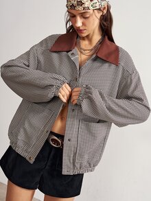Bohemela Jaket Wanita Lengan Panjang Kotak-kotak Kancing Tunggal Kasual dengan Saku, Potongan Longgar, Potongan Reguler - MultiWarna - View 1