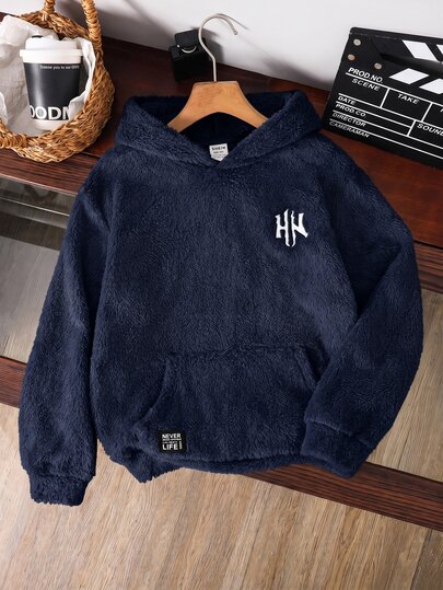 SHEIN Boys Casual Fashion Comfortable Kids Embroidered Patch Double-Sided Fleece Hooded Pullover Long Sleeve Knit Autumn Winter Sweatshirt