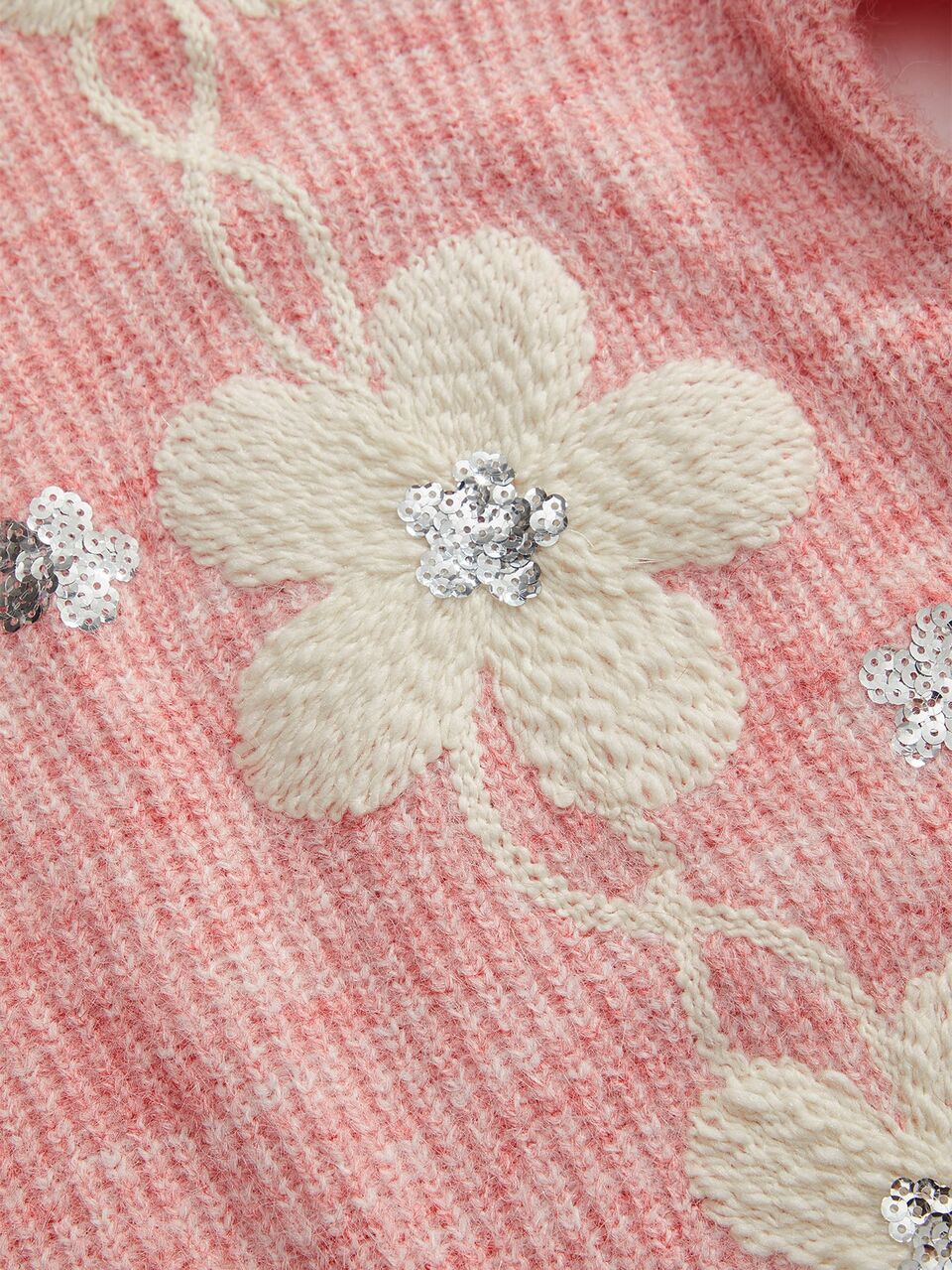 Anewsta Women Pink Casual Round Neck Pullover Sweater With Drop Shoulder Long Sleeves And Contrast Sequin Flower Appliques