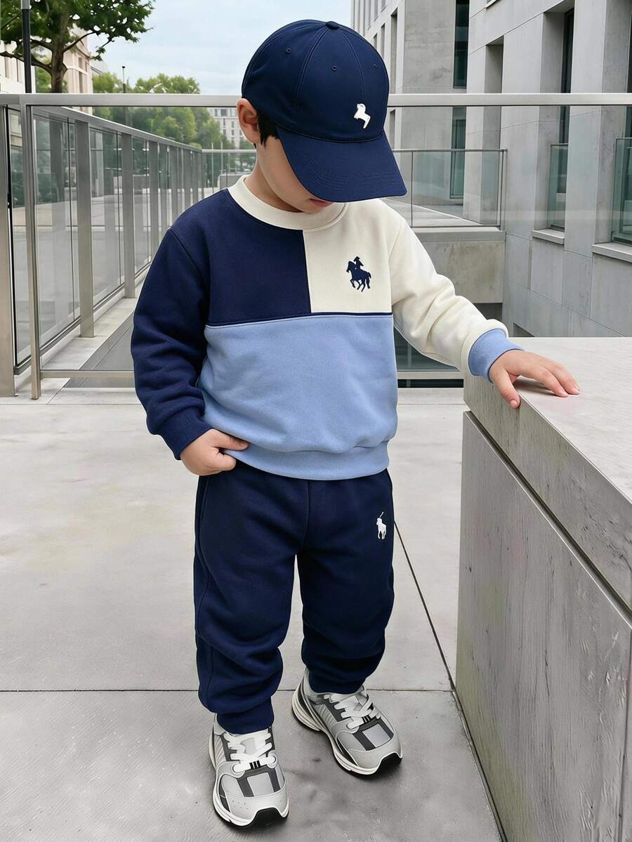 2pcs Young Boys Sweatshirt Sets Casual Royal Blue Colorblock Logo Print Long Sleeve Loose Crew Neck Fleece Fall Back To School Sweaters Autumn Winter - Multicolor - View 1