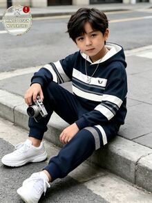2件組青少年男孩運動風海軍藍白色條紋Logo長袖寬鬆連帽衛衣套裝，返校秋季校園服飾 - 彩色 - 查看 6
