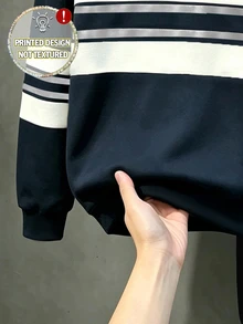 2件組青少年男孩運動風海軍藍白色條紋Logo長袖寬鬆連帽衛衣套裝，返校秋季校園服飾 - 彩色 - 查看 9
