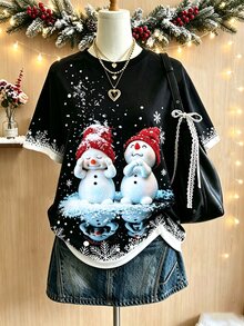 Collagica Collagica 女款可愛聖誕雪人圖案T恤，冬季雪花短袖T恤，休閒節日穿搭，寬鬆圓領上衣 - 彩色 - 查看 1