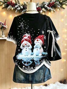 Collagica Collagica 女款可愛聖誕雪人圖案T恤，冬季雪花短袖T恤，休閒節日穿搭，寬鬆圓領上衣 - 彩色 - 查看 2