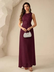 Coutiva Elegant Evening Gown With Embroidered Details, Slim Fit Long Dress For Formal Occasions - Burgundy - View 5
