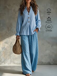 Omancia 女款波希米亞風兩件式套裝，淺藍色立領鈕扣上衣搭配彈性腰圓點寬腿棉質長褲，適合秋季度假日常穿著 - 淺藍色 - 查看 7