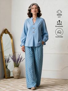 Omancia 女款波希米亞風兩件式套裝，淺藍色立領鈕扣上衣搭配彈性腰圓點寬腿棉質長褲，適合秋季度假日常穿著 - 淺藍色 - 查看 3