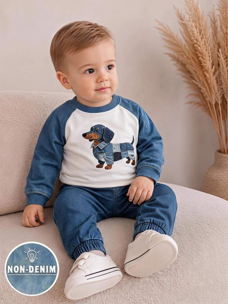 2pcs Baby Boys Denim Effect Raglan Sleeve Puppy Illustration Crew Neck Sweatshirt And Pants Set Sports Outdoor Casual Cute Racing White Blue - Multicolor - View 1