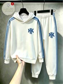青少年男孩寬鬆連帽衛衣運動褲套裝 海軍藍配色白色對比條紋字母長袖連帽衫 秋季返校 6年級派對街頭風 - 彩色 - 查看 6