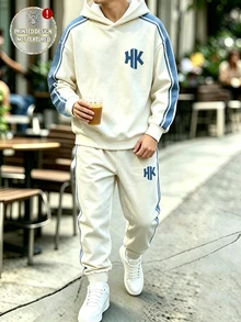 青少年男孩寬鬆連帽衛衣運動褲套裝 海軍藍配色白色對比條紋字母長袖連帽衫 秋季返校 6年級派對街頭風 - 彩色 - 查看 4