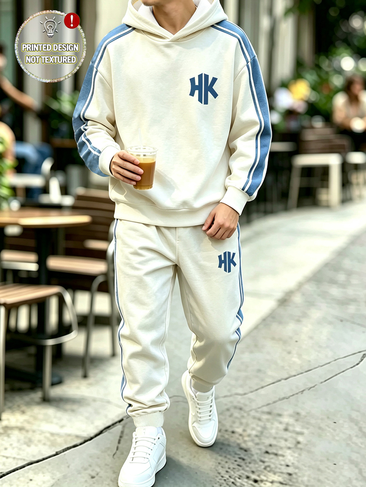 Teen Boys Hoodie Sweatpants Sets Baggy Navy White Contrast Stripe Letter Long Sleeve Loose Hooded Autumn Back To School Sixth Form Party - Multicolor - View 4
