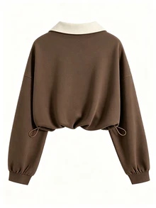 QUELARIE Half-Zip Polo Collar Printed Loose Drawstring Sweatshirt - Coffee Brown - View 2