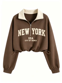QUELARIE Half-Zip Polo Collar Printed Loose Drawstring Sweatshirt - Coffee Brown - View 3