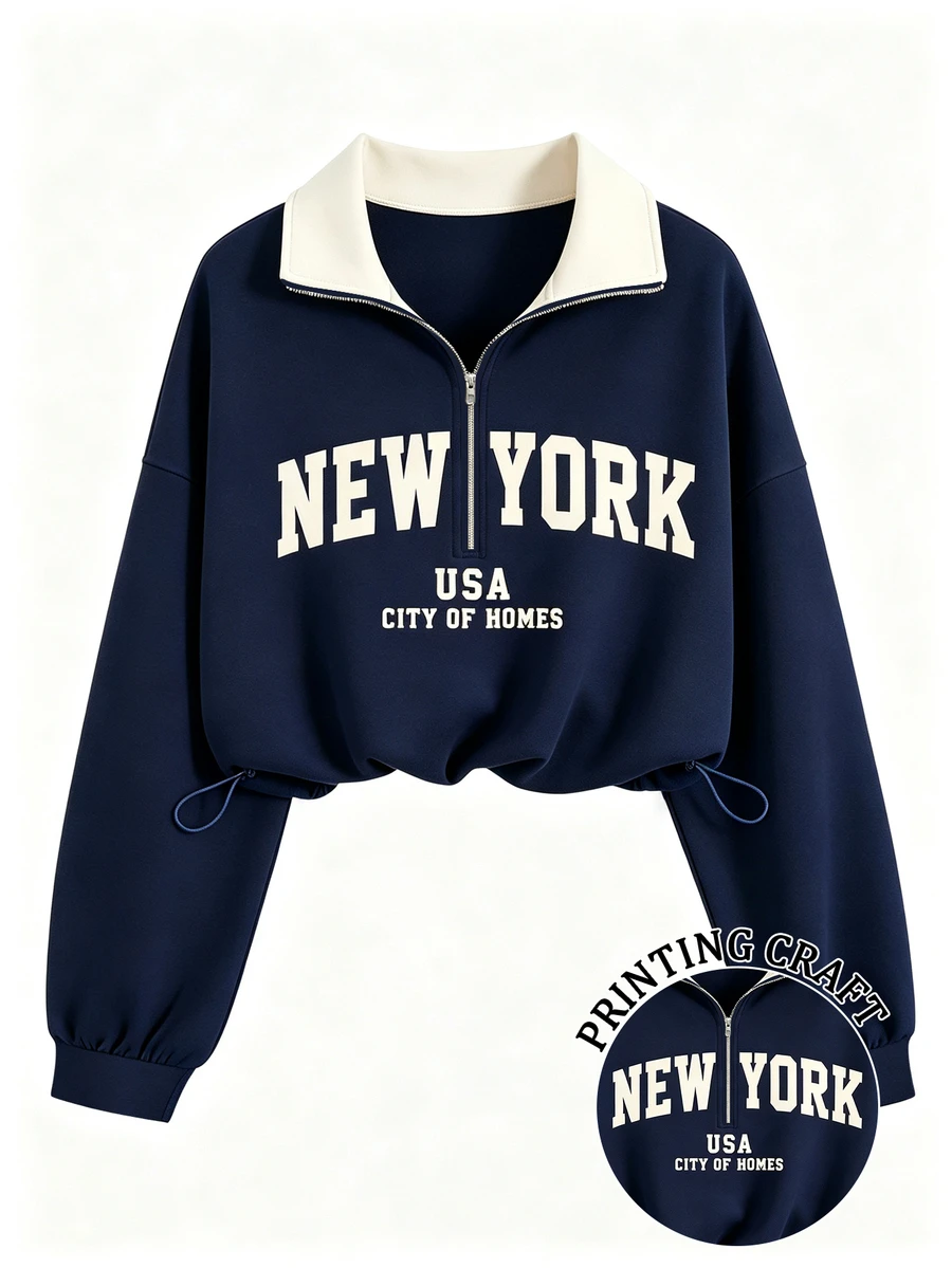 QUELARIE Sudadera holgada con cuello polo de media cremallera, estampado y cordón ajustable - Azul Marino - Ver 1