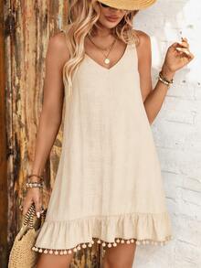 SHEIN Swim Women's Summer Beach Solid Color V-Neck Sleeveless Ruffle Hem Patchwork Pom Pom Trim Vacation Cover-Up Dress - Apricot - View 7