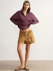 Bohemela Women's Solid Color Drop Shoulder Long Sleeve Half-Zip Casual Sweatshirt - Purple - View 6