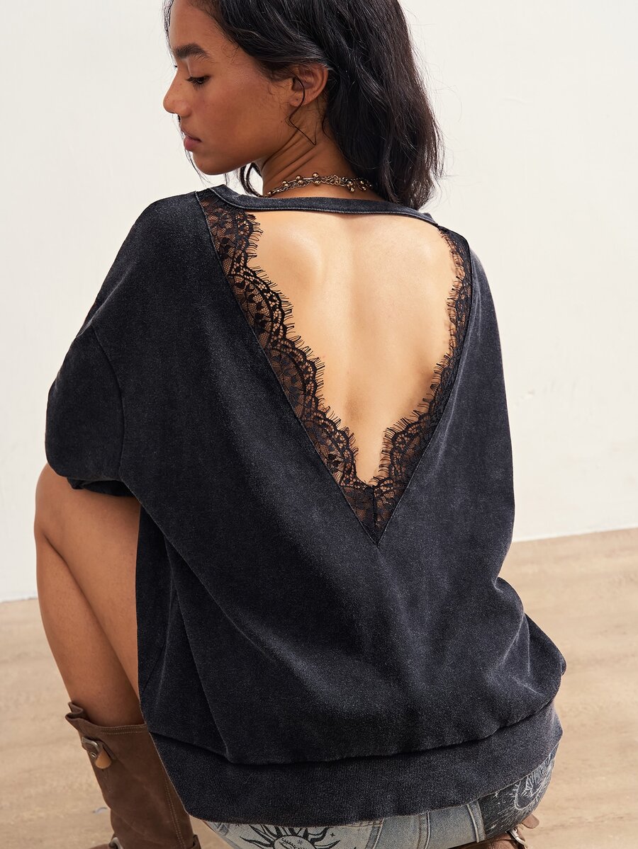 Bohemela Sweatshirt Wanita dengan Patchwork Renda dan Bagian Belakang Berongga, Warna Abu-abu Gelap, Kasual Seksi untuk Musim Panas, untuk Sehari-hari - Hitam - View 1