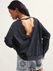 Bohemela Sweatshirt Wanita dengan Patchwork Renda dan Bagian Belakang Berongga, Warna Abu-abu Gelap, Kasual Seksi untuk Musim Panas, untuk Sehari-hari - Hitam - View 6