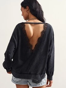 Bohemela Sweatshirt Wanita dengan Patchwork Renda dan Bagian Belakang Berongga, Warna Abu-abu Gelap, Kasual Seksi untuk Musim Panas, untuk Sehari-hari - Hitam - View 5