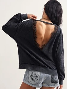Bohemela Sweatshirt Wanita dengan Patchwork Renda dan Bagian Belakang Berongga, Warna Abu-abu Gelap, Kasual Seksi untuk Musim Panas, untuk Sehari-hari - Hitam - View 7