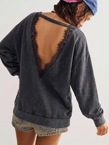 Bohemela Sweatshirt Wanita dengan Patchwork Renda dan Bagian Belakang Berongga, Warna Abu-abu Gelap, Kasual Seksi untuk Musim Panas, untuk Sehari-hari - Hitam - View 10