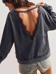 Bohemela Sweatshirt Wanita dengan Patchwork Renda dan Bagian Belakang Berongga, Warna Abu-abu Gelap, Kasual Seksi untuk Musim Panas, untuk Sehari-hari - Hitam - View 9