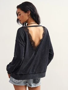 Bohemela Sweatshirt Wanita dengan Patchwork Renda dan Bagian Belakang Berongga, Warna Abu-abu Gelap, Kasual Seksi untuk Musim Panas, untuk Sehari-hari - Hitam - View 3