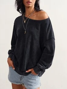 Bohemela Sweatshirt Wanita dengan Patchwork Renda dan Bagian Belakang Berongga, Warna Abu-abu Gelap, Kasual Seksi untuk Musim Panas, untuk Sehari-hari - Hitam - View 2