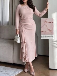 Modelyn فستان ميدي ضيق بقصة حورية البحر للنساء بمقاسات كبيرة، وردي فاتح، بكتف واحد، مع كشكشة جانبية وحافة مكشكشة، أكمام طويلة، إطلالة رومانسية أنثوية، مناسب لضيوف حفلات الزفاف في الخريف، فستان رسمي - وردي - مشاهدة 1