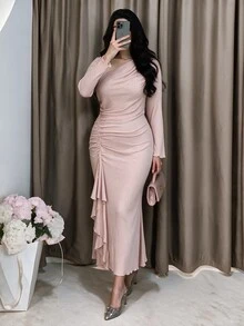 Modelyn فستان ميدي ضيق بقصة حورية البحر للنساء بمقاسات كبيرة، وردي فاتح، بكتف واحد، مع كشكشة جانبية وحافة مكشكشة، أكمام طويلة، إطلالة رومانسية أنثوية، مناسب لضيوف حفلات الزفاف في الخريف، فستان رسمي - وردي - مشاهدة 3