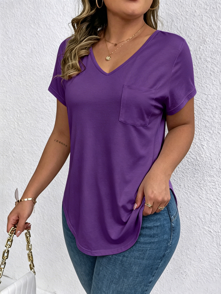 EMERY ROSE Regular Women's Solid Color V-Neck Short-Sleeved Casual T-Shirt - Purple - View 4
