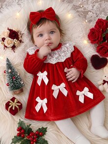 SHEIN 2pcs Newborn Baby Girl Velvet Princess Dress Sweet Red Lace Collar Bow Ruffle Long Sleeve Round Neck Christmas Party Winter Fall Autumn A-Line Plush - Red - View 2