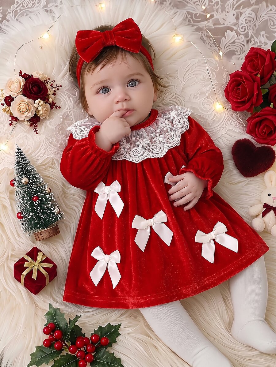 SHEIN 2pcs Newborn Baby Girl Velvet Princess Dress Sweet Red Lace Collar Bow Ruffle Long Sleeve Round Neck Christmas Party Winter Fall Autumn A-Line Plush