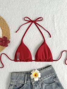 Swim Basics 2025 简约纯色露背泳衣上衣，适合度假和海滩夏季 - 酒紅色 - 查看 3