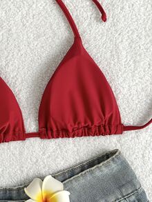 Swim Basics 2025 简约纯色露背泳衣上衣，适合度假和海滩夏季 - 酒紅色 - 查看 7