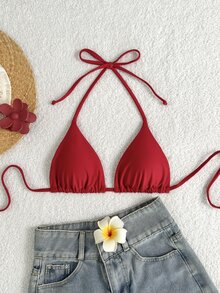 Swim Basics 2025 简约纯色露背泳衣上衣，适合度假和海滩夏季 - 酒紅色 - 查看 4