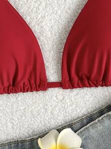 Swim Basics 2025 简约纯色露背泳衣上衣，适合度假和海滩夏季 - 酒紅色 - 查看 5