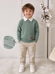 SHEIN Playful Pals Young Boys Sweater, Turn Collar, Long Sleeve, Striped Color Block, Suitable For Spring, Autumn, Winter, Autumn/Winter Seasons - Green - View 3