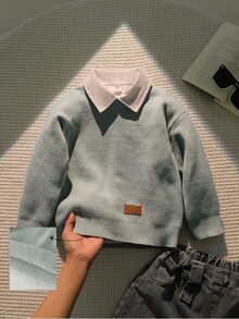 SHEIN Playful Pals Young Boys Sweater, Turn Collar, Long Sleeve, Striped Color Block, Suitable For Spring, Autumn, Winter, Autumn/Winter Seasons - Green - View 1