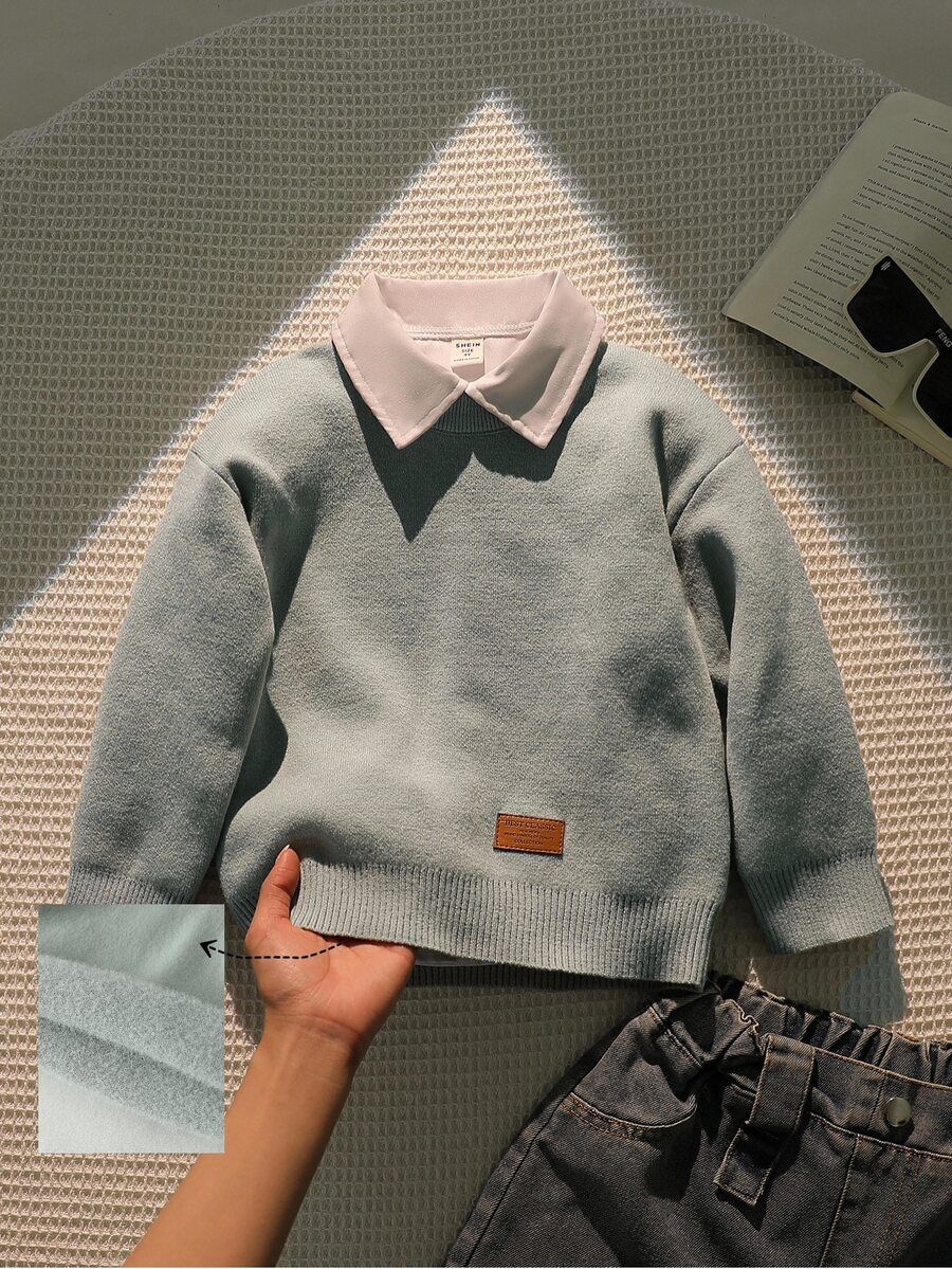 SHEIN Playful Pals Young Boys Sweater, Turn Collar, Long Sleeve, Striped Color Block, Suitable For Spring, Autumn, Winter, Autumn/Winter Seasons - Green - View 1